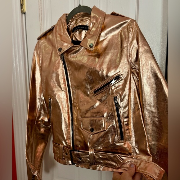 Zara Metallic Rose Gold Leather Moto Jacket XL - Picture 4 of 10